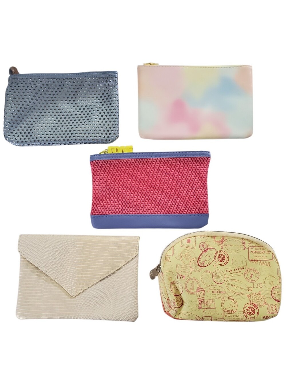 IPSY Bags Set of 5 Assorted Cosmetic Bags Cutout Pastel Tie Dye Mesh Passport